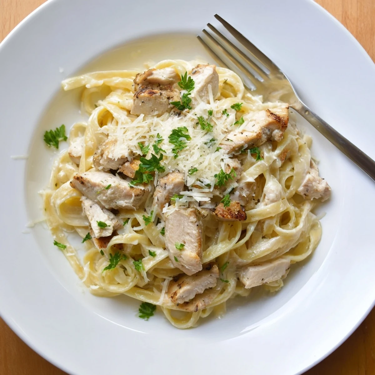 Golden chicken breast atop rich alfredo pasta garnished with fresh parsley and parmesan