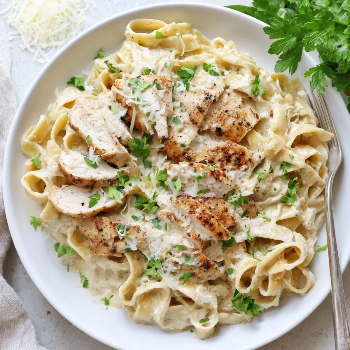 Tender chicken strips tossed with fettuccine in a velvety white parmesan cream sauce