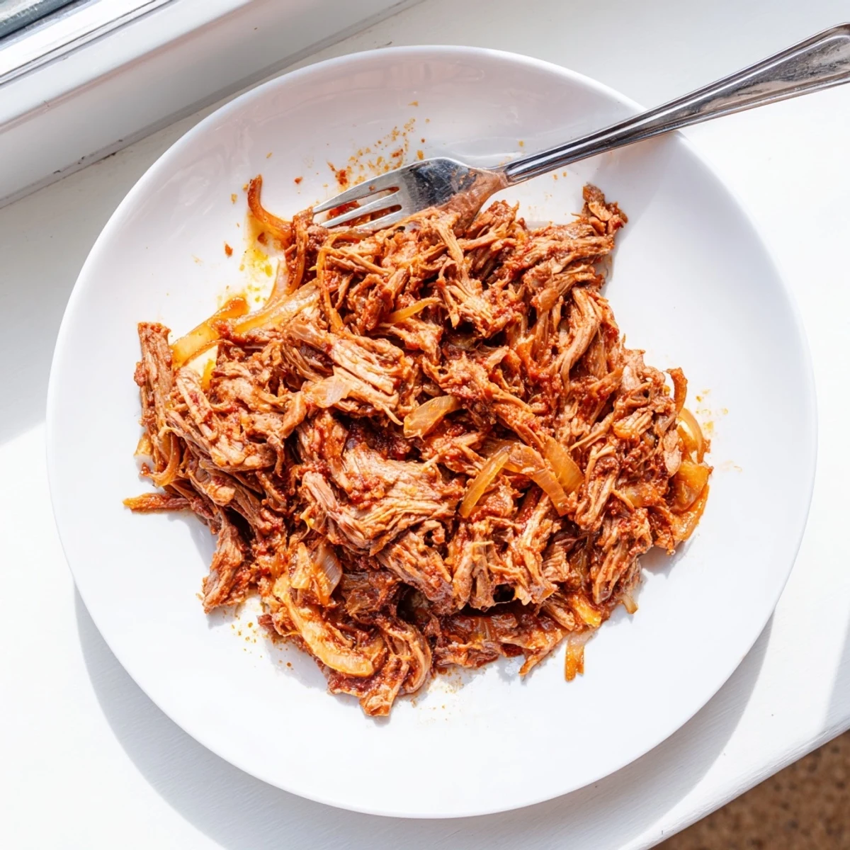 Golden brown Crock Pot shredded beef ready for tacos with visible shredded texture