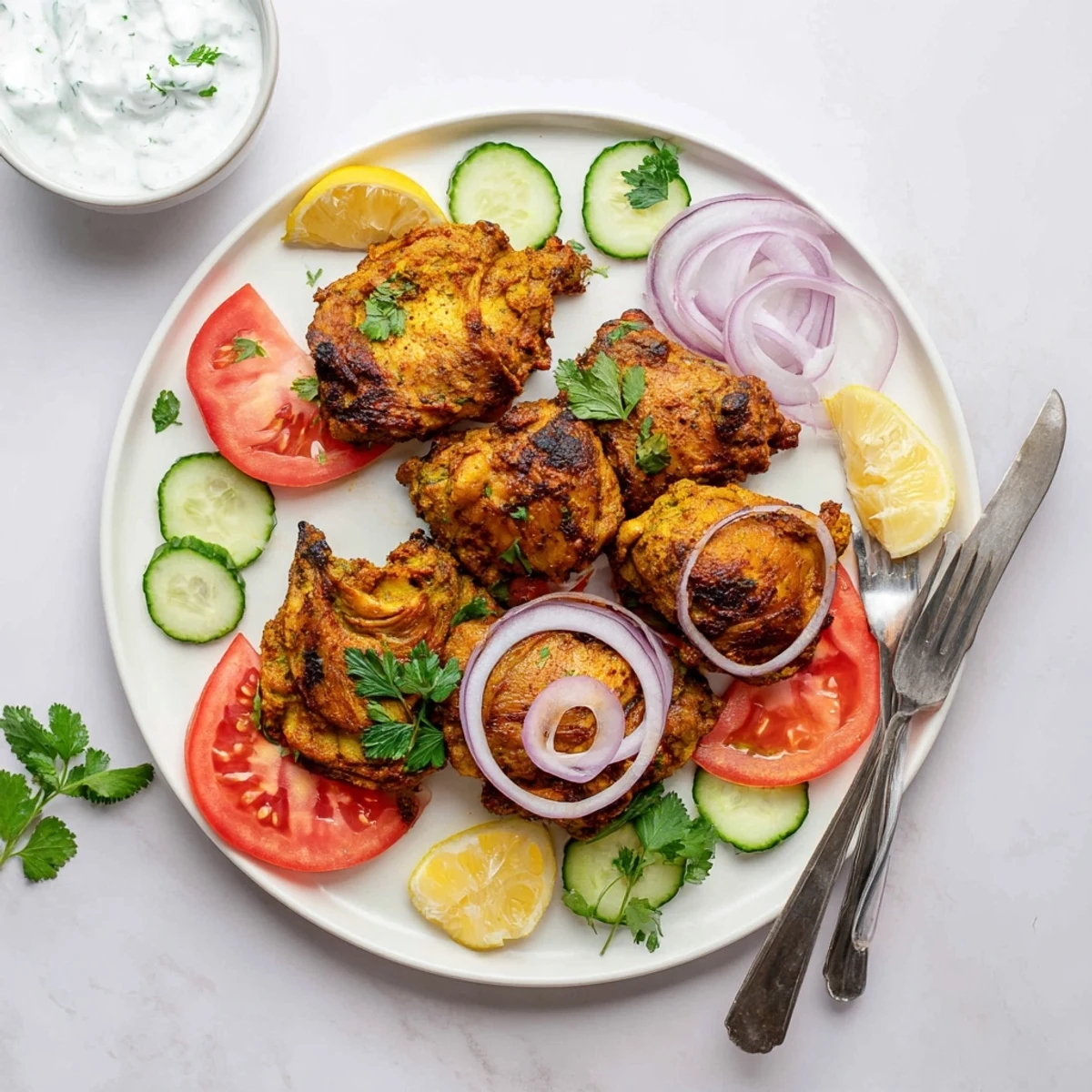 Golden Lebanese chicken pieces arranged on a platter with fresh vegetables and creamy herby yogurt sauce