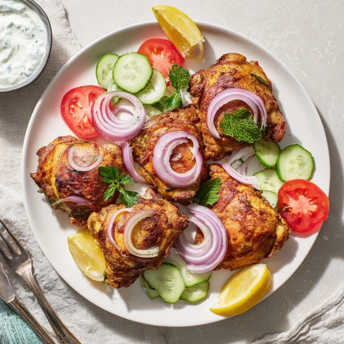 Aromatic Lebanese chicken thighs grilled to perfection, served alongside tangy garlic yogurt dip and colorful sliced vegetables