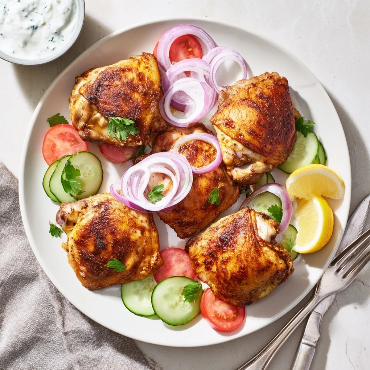 Tender Lebanese chicken marinated in warm Middle Eastern spices, garnished with red onion, cucumber, and fresh herbs