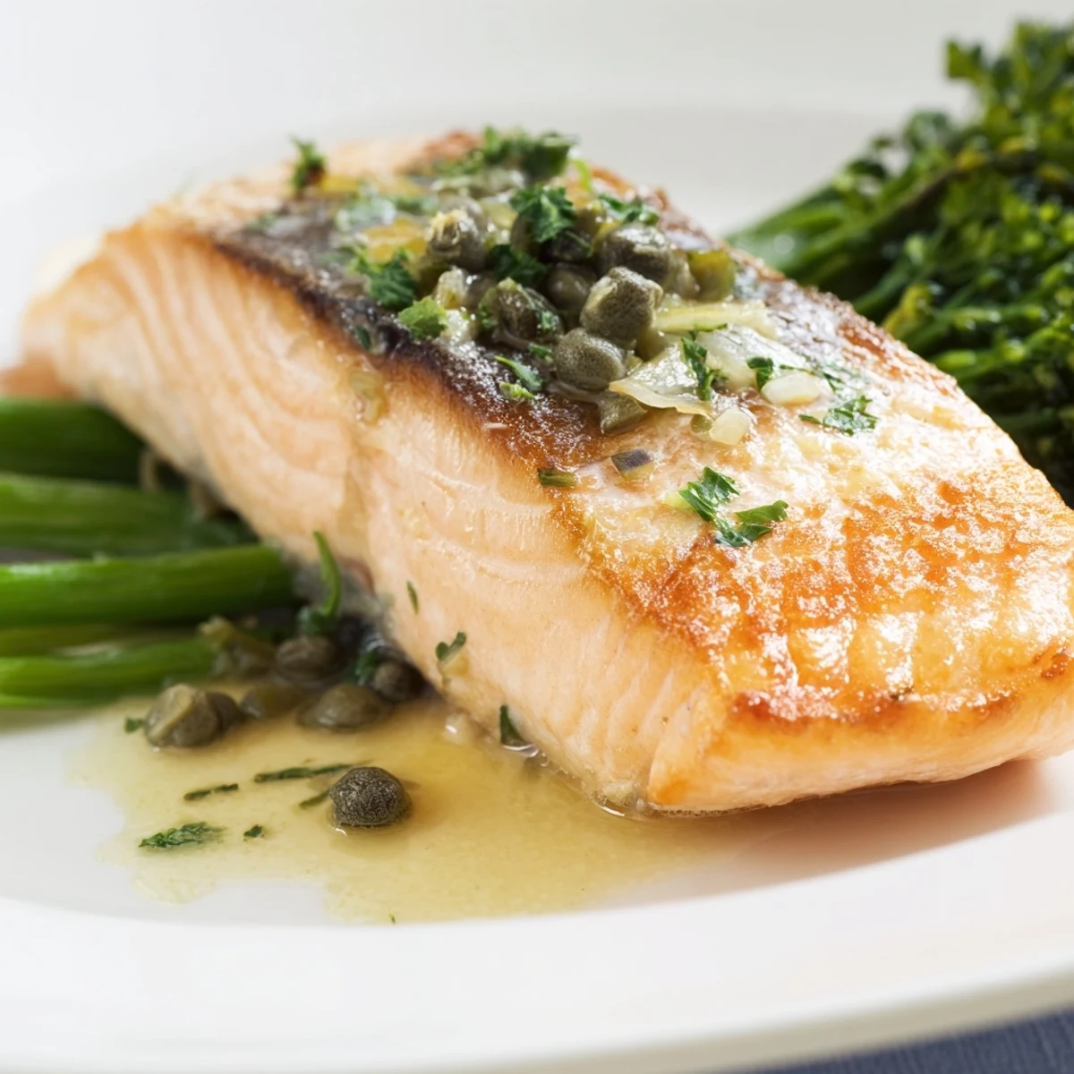 Golden crispy-skinned Gordon Ramsay pan fried salmon with herb butter sauce and fresh parsley garnish