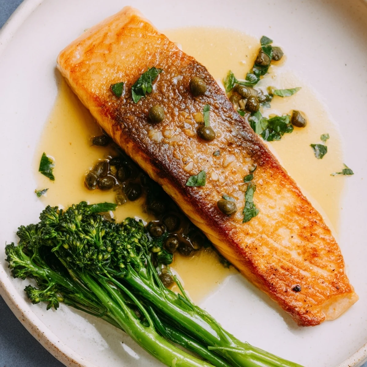 Sizzling Gordon Ramsay pan fried salmon in garlic butter sauce with capers and vibrant green vegetables