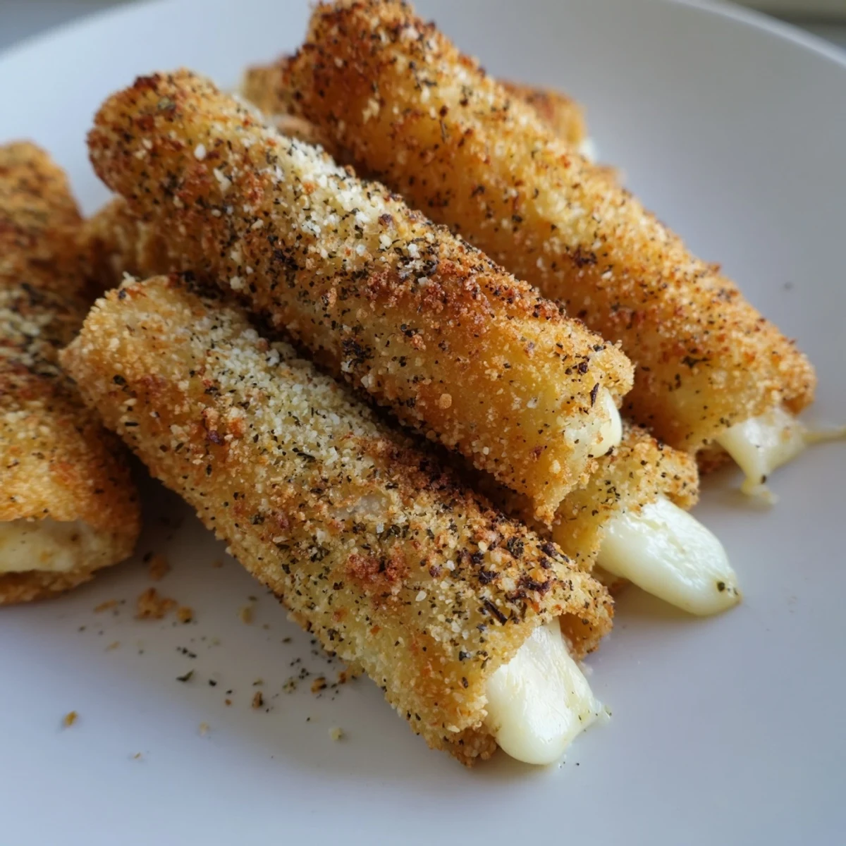 Golden crispy cheesy roll ups with melty mozzarella center on white serving plate
