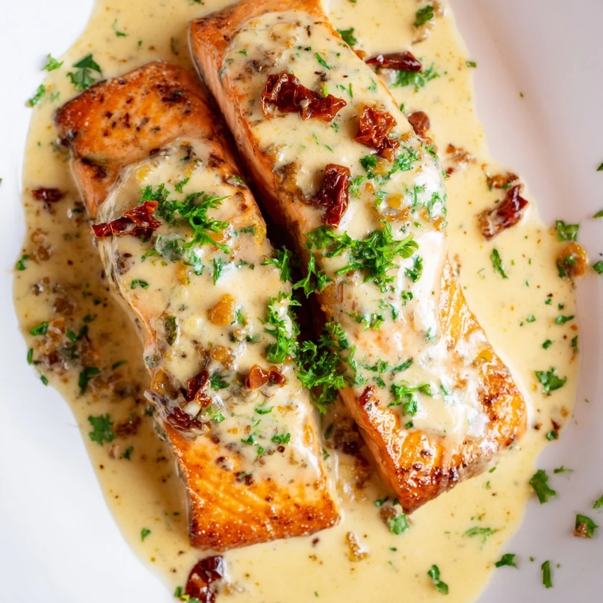 Golden pan-seared salmon fillets drizzled with rich creamy garlic parmesan sauce and sun-dried tomatoes