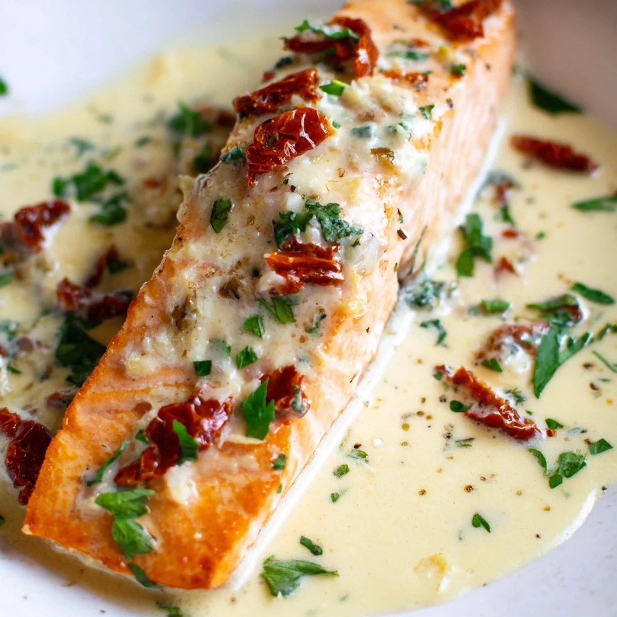 Marry Me Salmon featuring tender fish in velvety white sauce topped with fresh green basil garnish