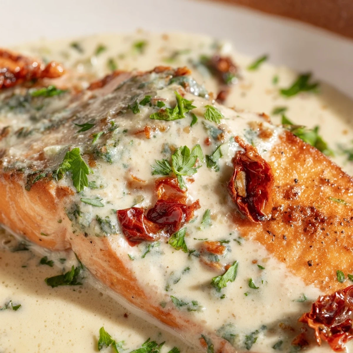 Creamy garlic salmon with sun-dried tomatoes served in a white skillet with herb finishing touches