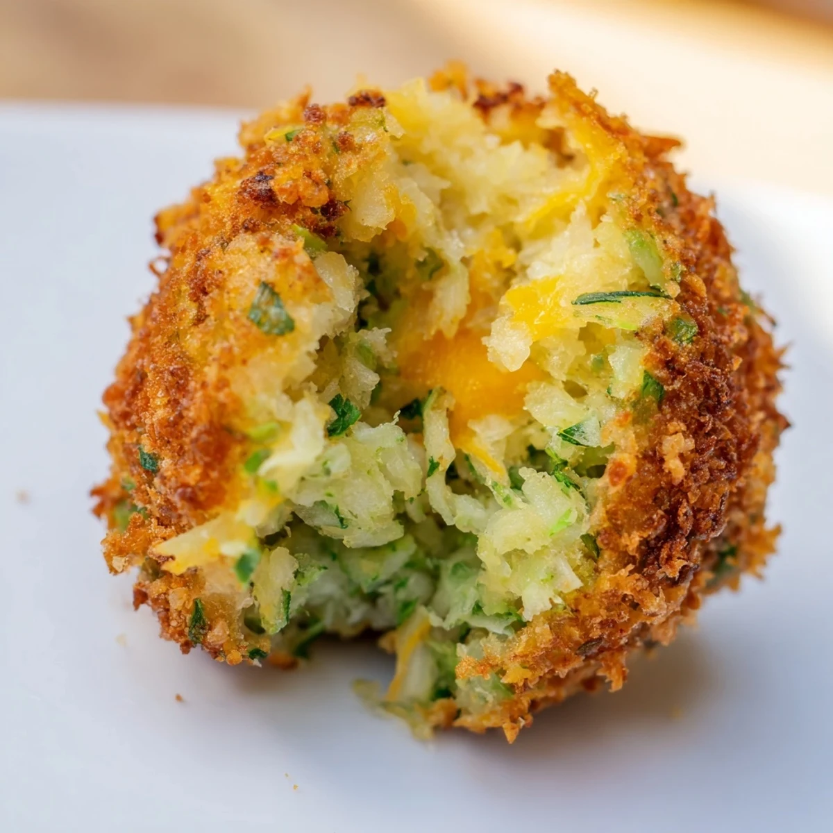 Golden crispy Cheesy Fried Colcannon Balls served on a white plate with melted cheddar center
