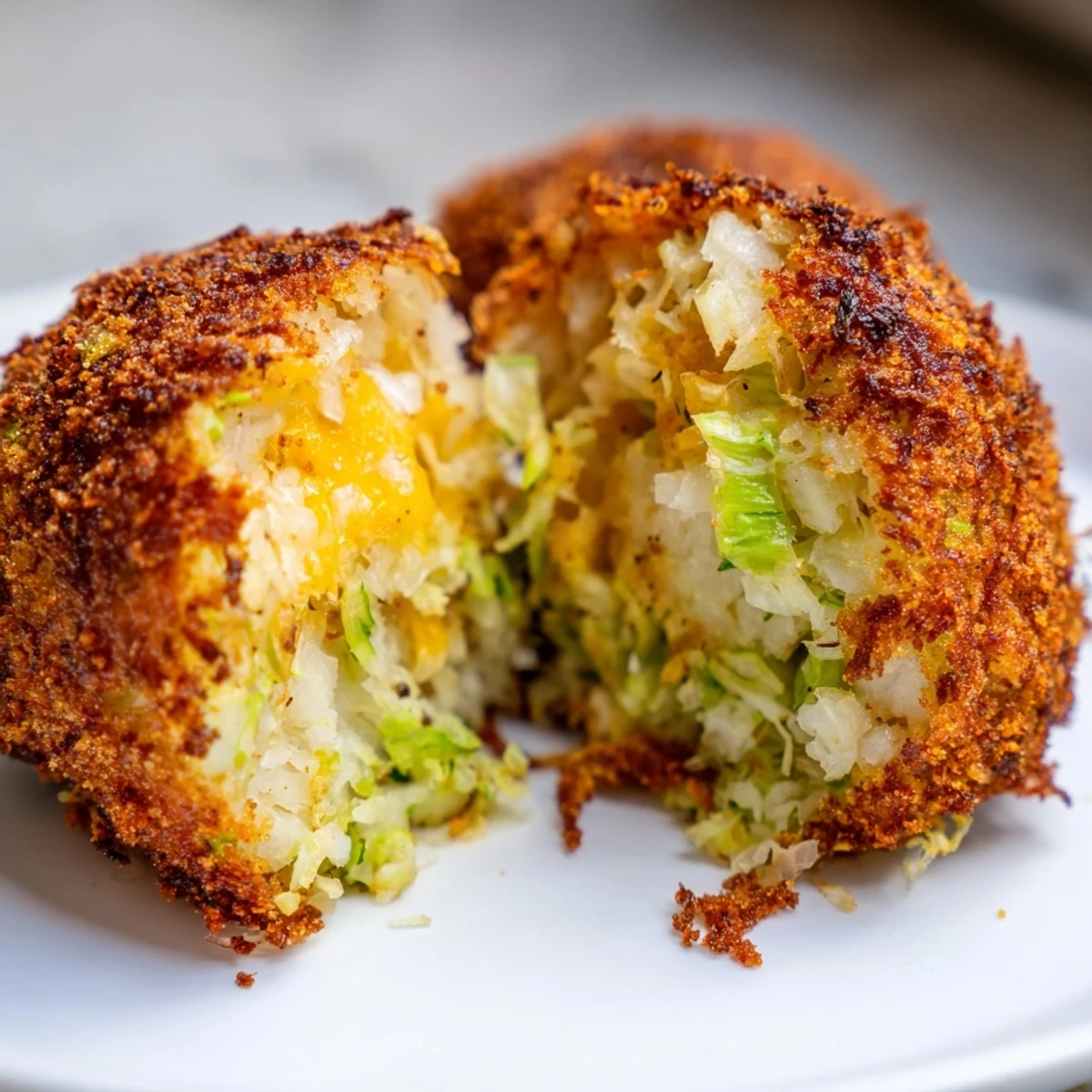 Close-up of Cheesy Fried Colcannon Balls with crunchy panko coating and gooey cheese filling