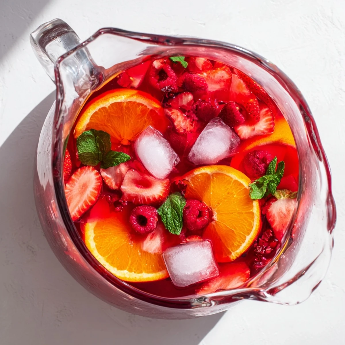 Vibrant red Love Potion Punch featuring fresh raspberries and orange slices in a clear punch bowl
