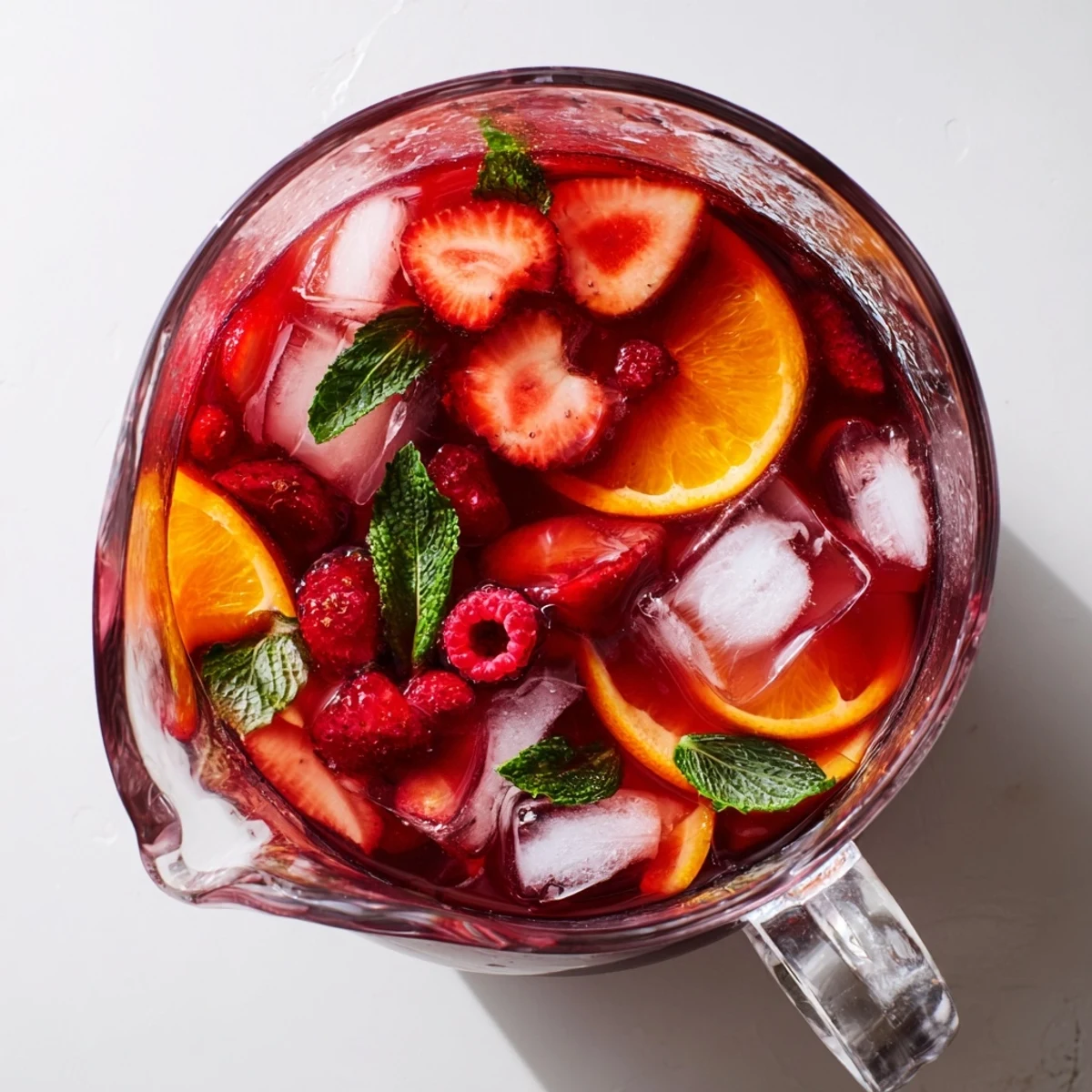 Refreshing Love Potion Punch served in a glass pitcher with floating strawberry slices and fresh mint garnish