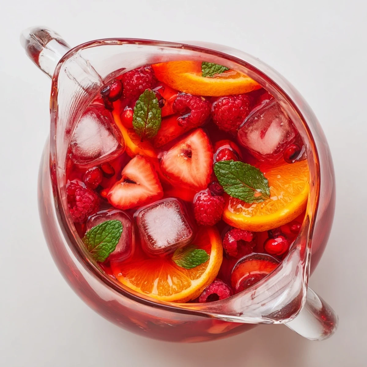Glass of Love Potion Punch topped with ice and mint leaves, showcasing layered berry and citrus colors