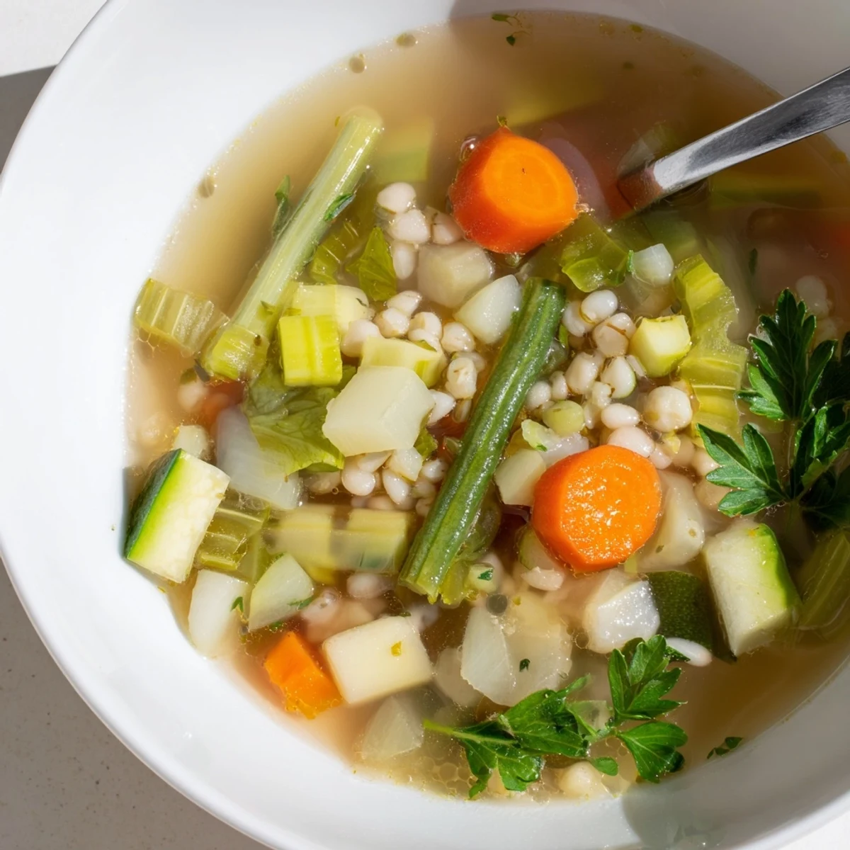 Hearty Stone Soup bowl brimming with colorful vegetables and white beans in rich broth