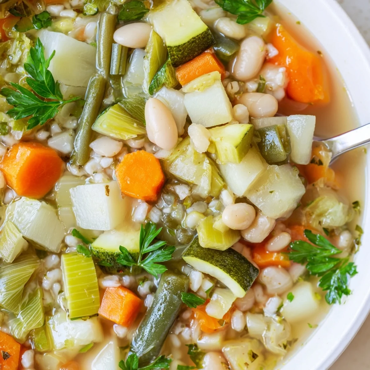 Rustic Stone Soup simmering with carrots, potatoes, and fresh parsley garnish in white bowl
