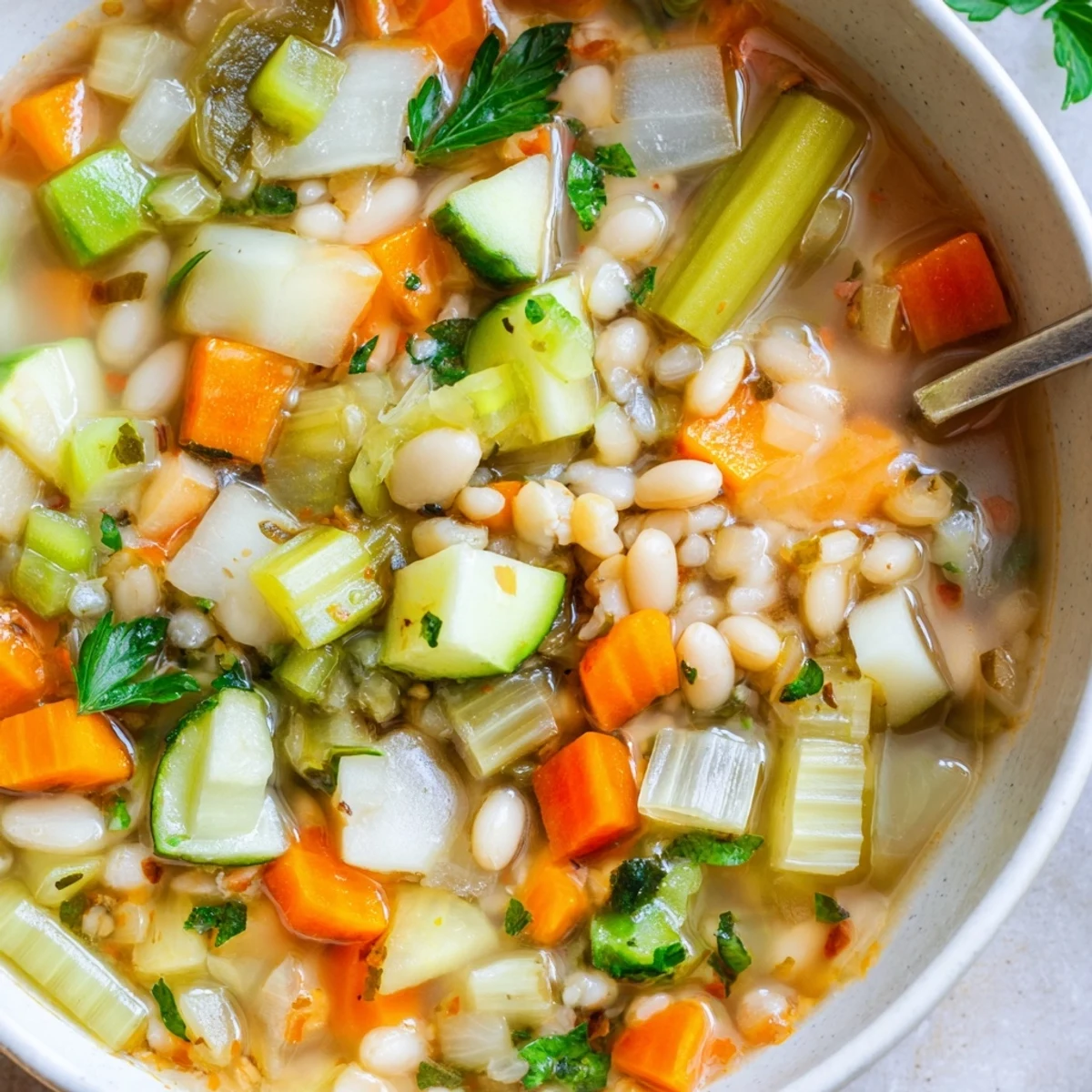 Steaming Stone Soup featuring diced vegetables and pearl barley in a deep ceramic serving bowl
