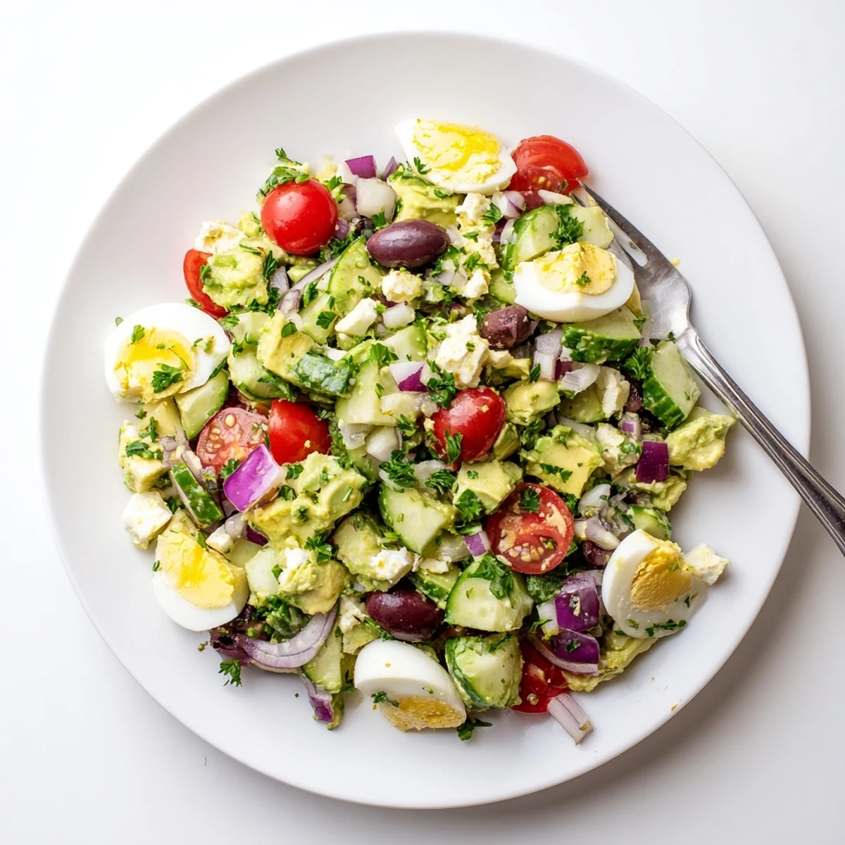 Bowl of zesty Mediterranean avocado egg salad featuring colorful vegetables and olive oil dressing