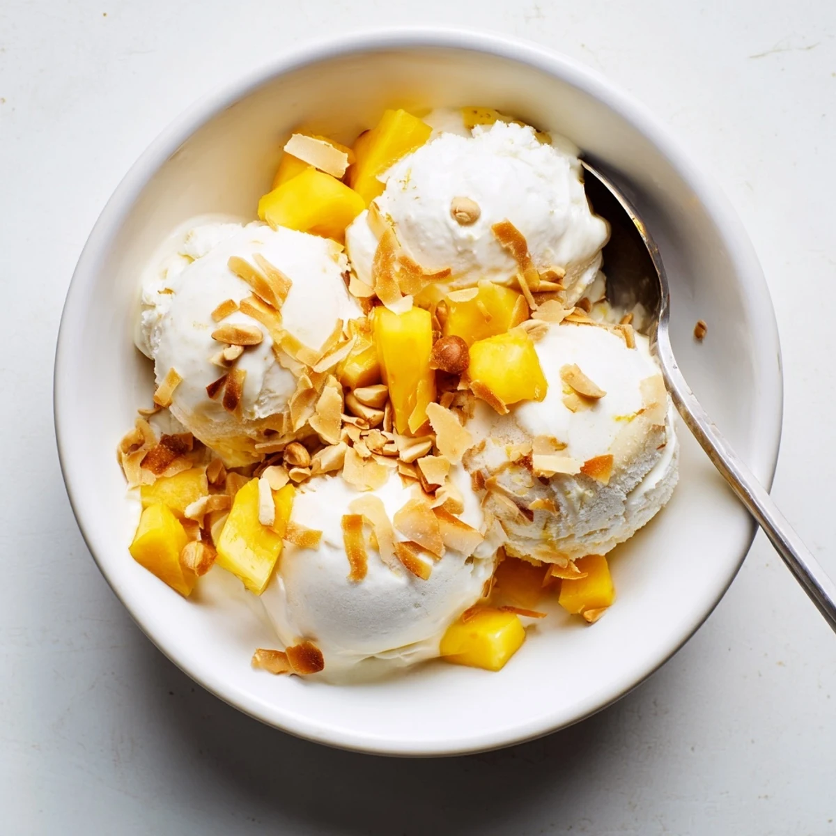 Vegan Thai coconut milk ice cream in a glass bowl topped with fresh diced mango pieces