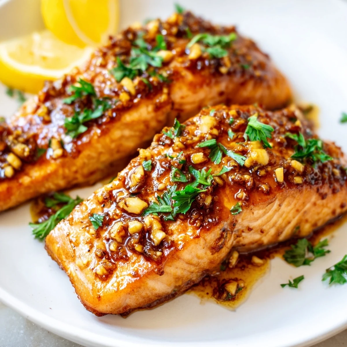 Golden pan-seared honey garlic glazed salmon fillets drizzled with thick savory glaze and fresh parsley garnish