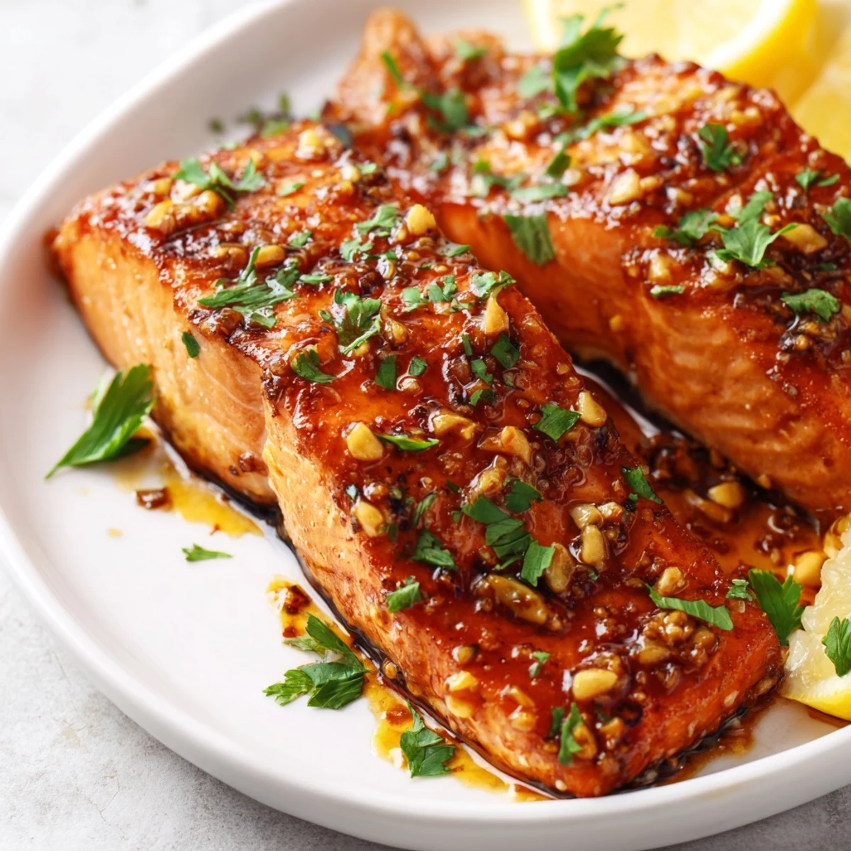 Pan-fried salmon fillets coated in sticky honey garlic glaze topped with chopped parsley for a sweet savory dinner