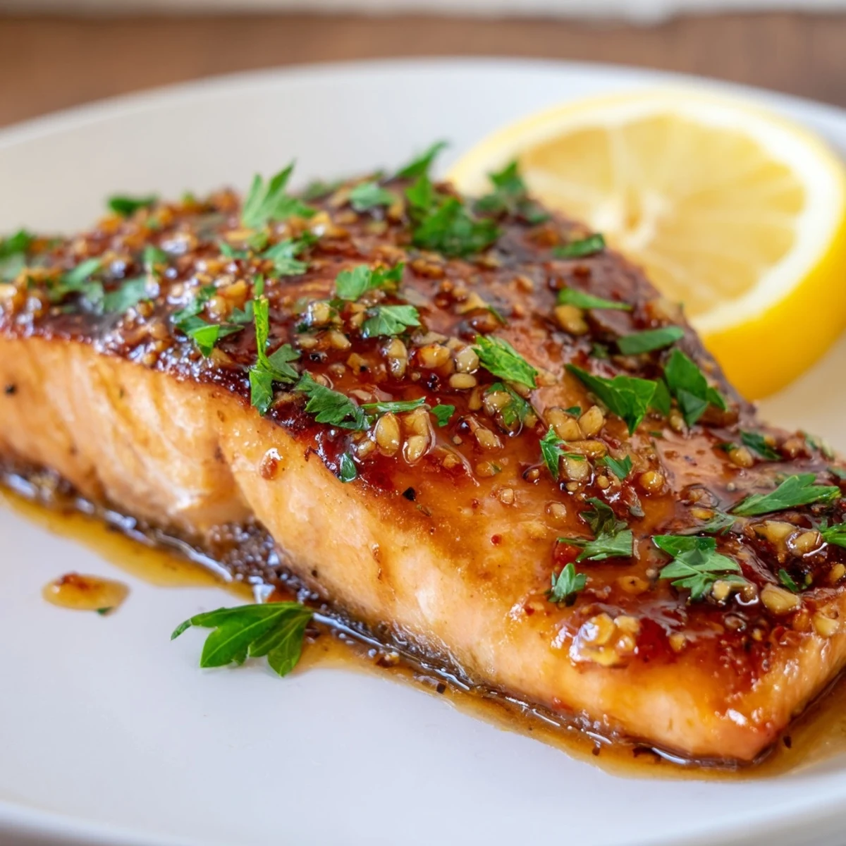 Honey garlic glazed salmon with caramelized edges served on white plate alongside bright lemon wedges