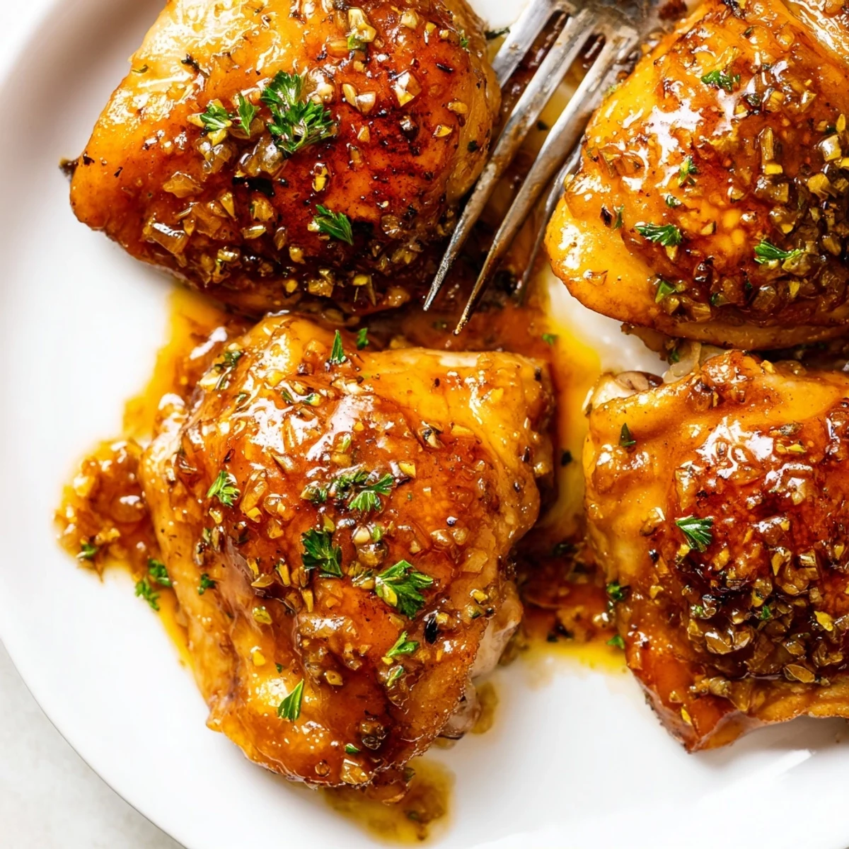 Golden brown chicken thighs coated in a rich, glossy sticky apple cider sauce with fresh parsley garnish