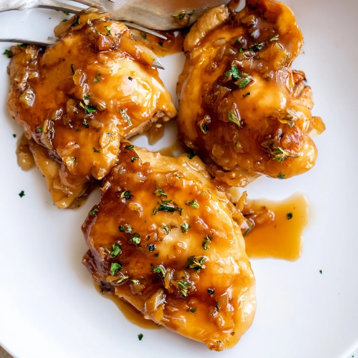 Tender glazed chicken pieces swimming in a sweet and tangy apple cider reduction perfect for fall dinners