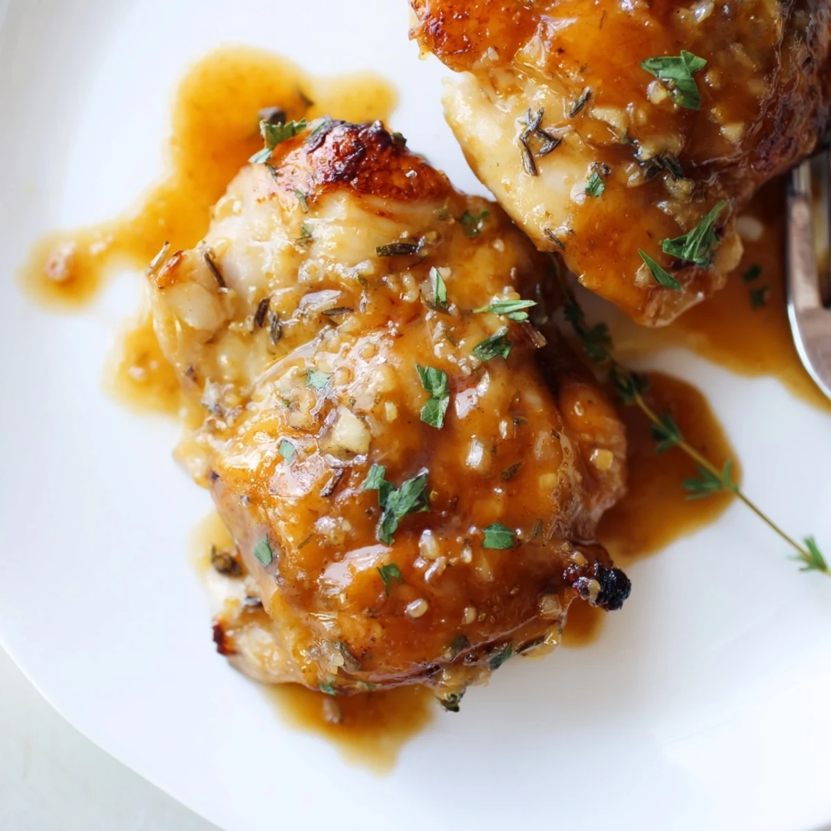 Succulent chicken thighs brushed with a caramelized apple cider honey glaze served over a rustic wooden platter