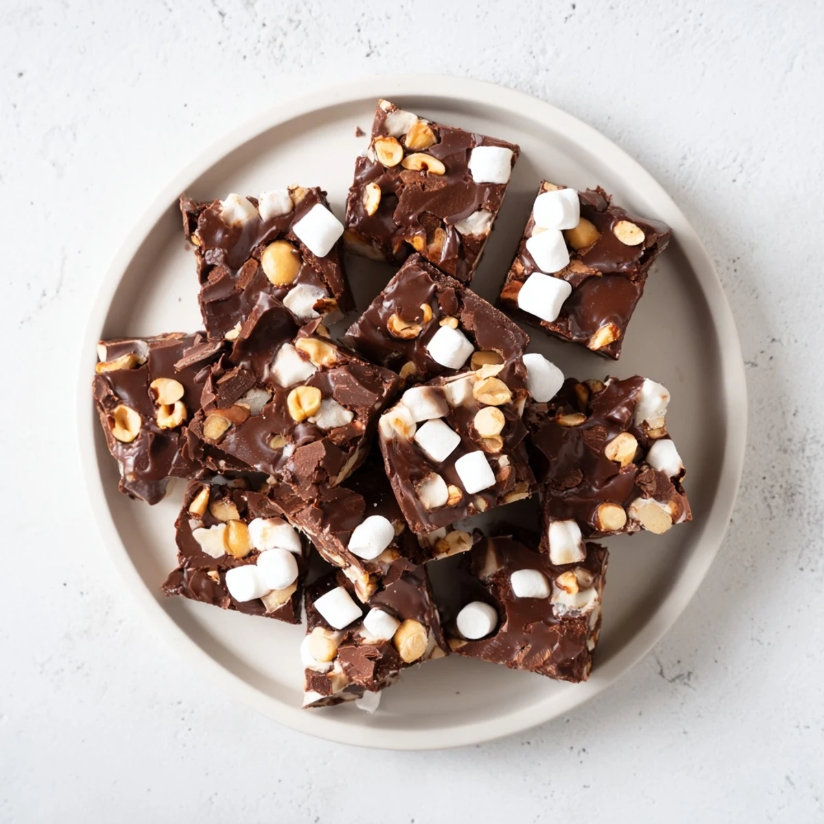 Rich chocolate Rocky Road Fudge cut into bite-sized pieces with melted chocolate chips and nutty topping