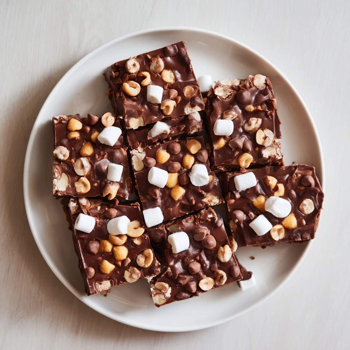 Homemade Rocky Road Fudge showing smooth chocolate texture topped with mini marshmallows and crunchy chopped nuts