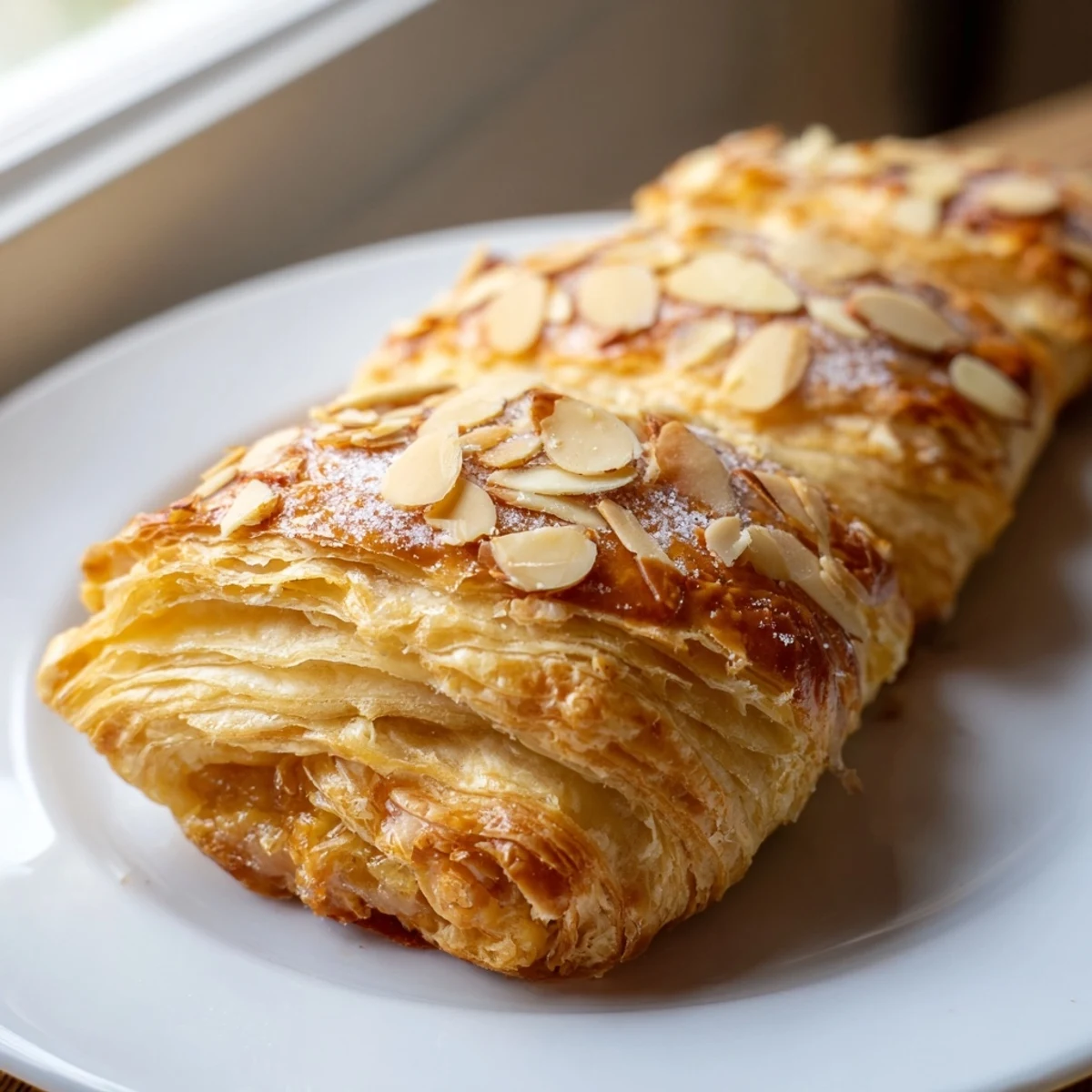 Buttery almond bear claw topped with crunchy sliced almonds fresh from the oven