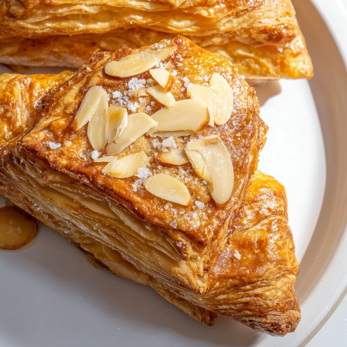 Flaky almond bear claw pastry drizzled with vanilla icing on a white plate
