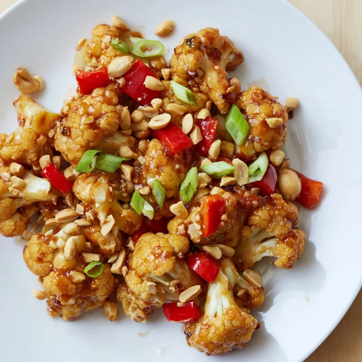 Crispy Kung Pao Cauliflower glazed in spicy sweet sauce with roasted peanuts and red bell pepper pieces