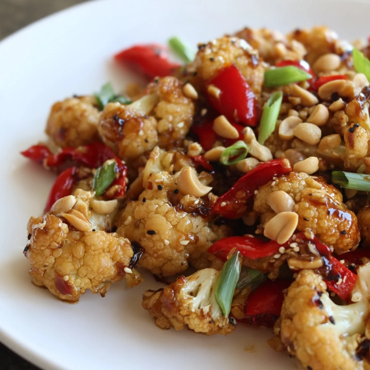 Golden roasted Kung Pao Cauliflower stir-fried with crunchy peanuts and fresh green onions in a glossy dark sauce