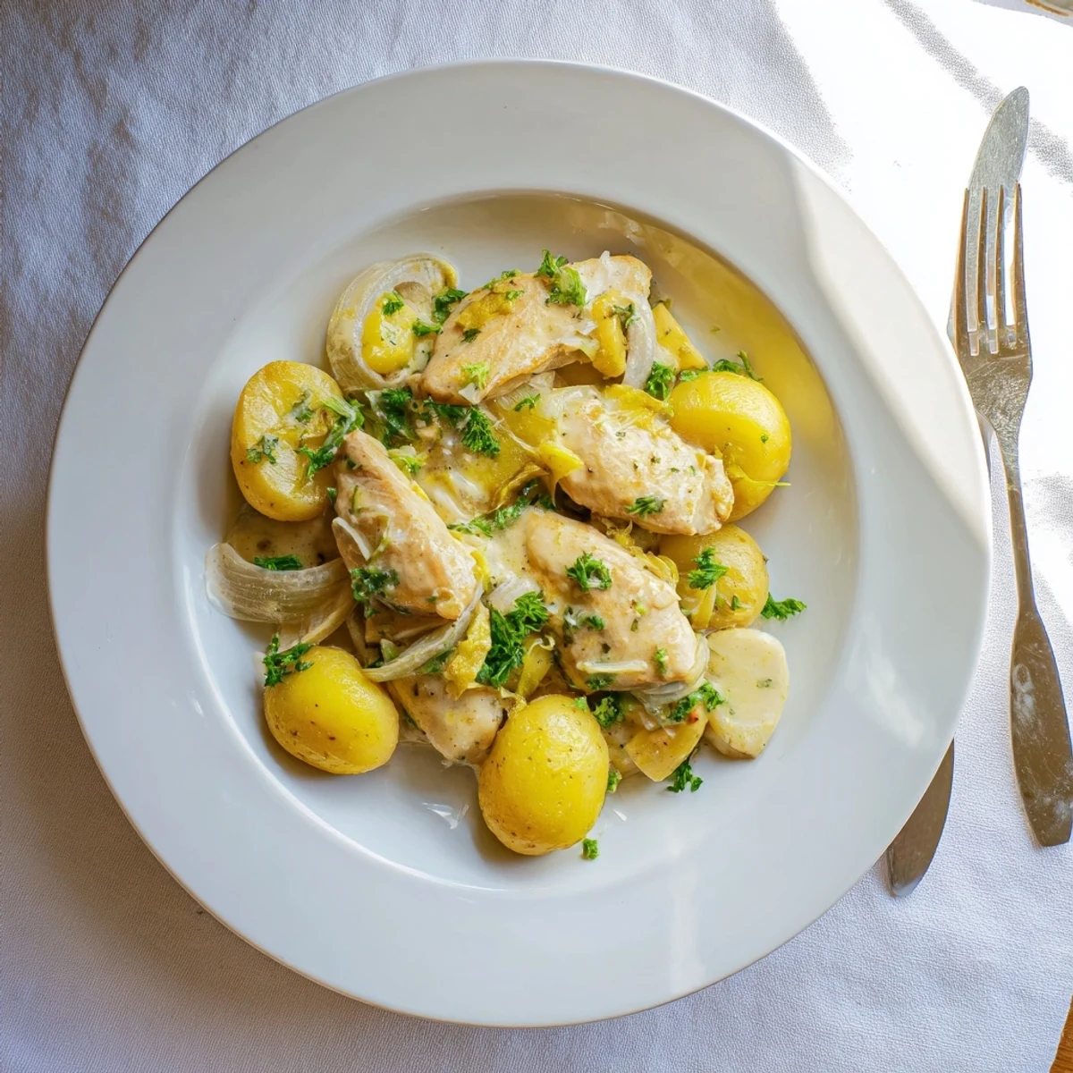 Slow Cooker Garlic Parmesan Chicken and Potatoes in a rich, creamy white sauce with fresh parsley garnish