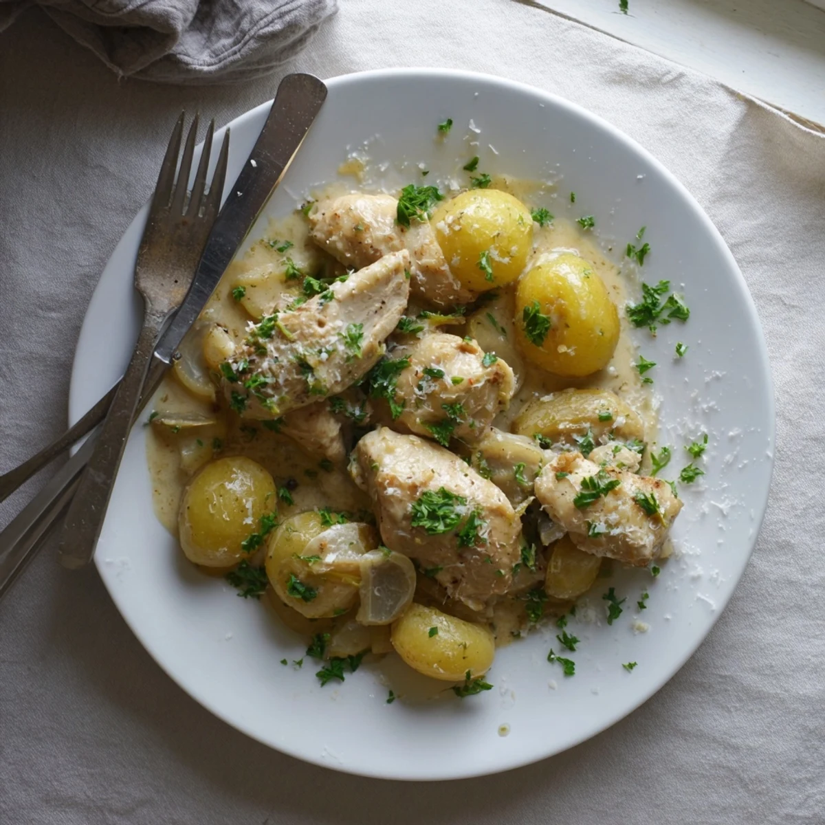 Tender chicken breasts and baby potatoes coated in golden garlic Parmesan sauce, served family-style