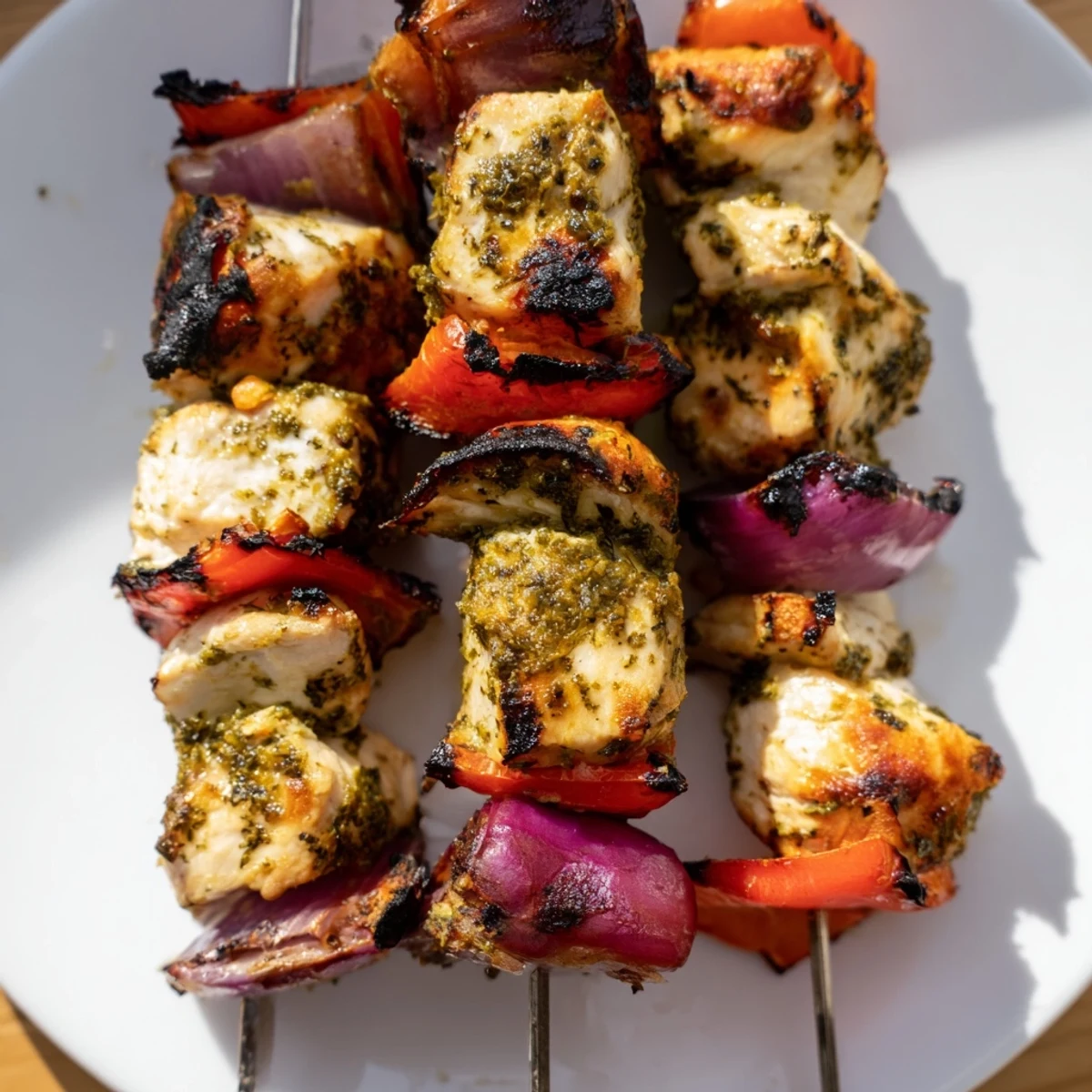 Tender marinated chicken threaded on skewers with char marks, served with cool cucumber yogurt tzatziki dipping sauce