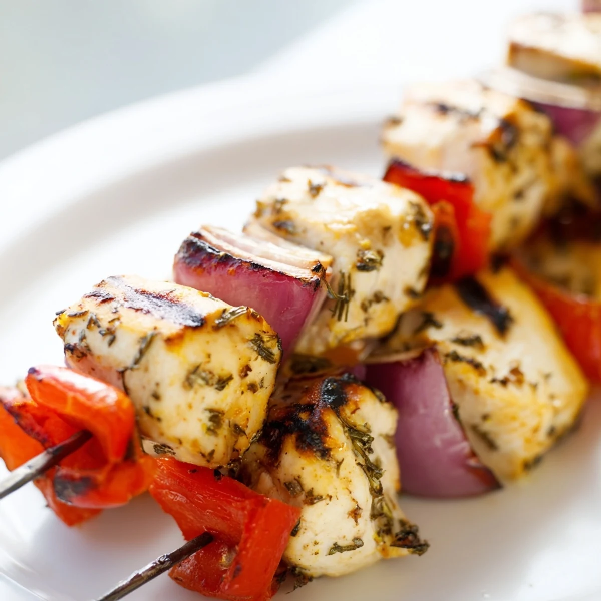 Golden grilled Greek lemon chicken skewers plated alongside creamy white tzatziki sauce and fresh lemon wedges