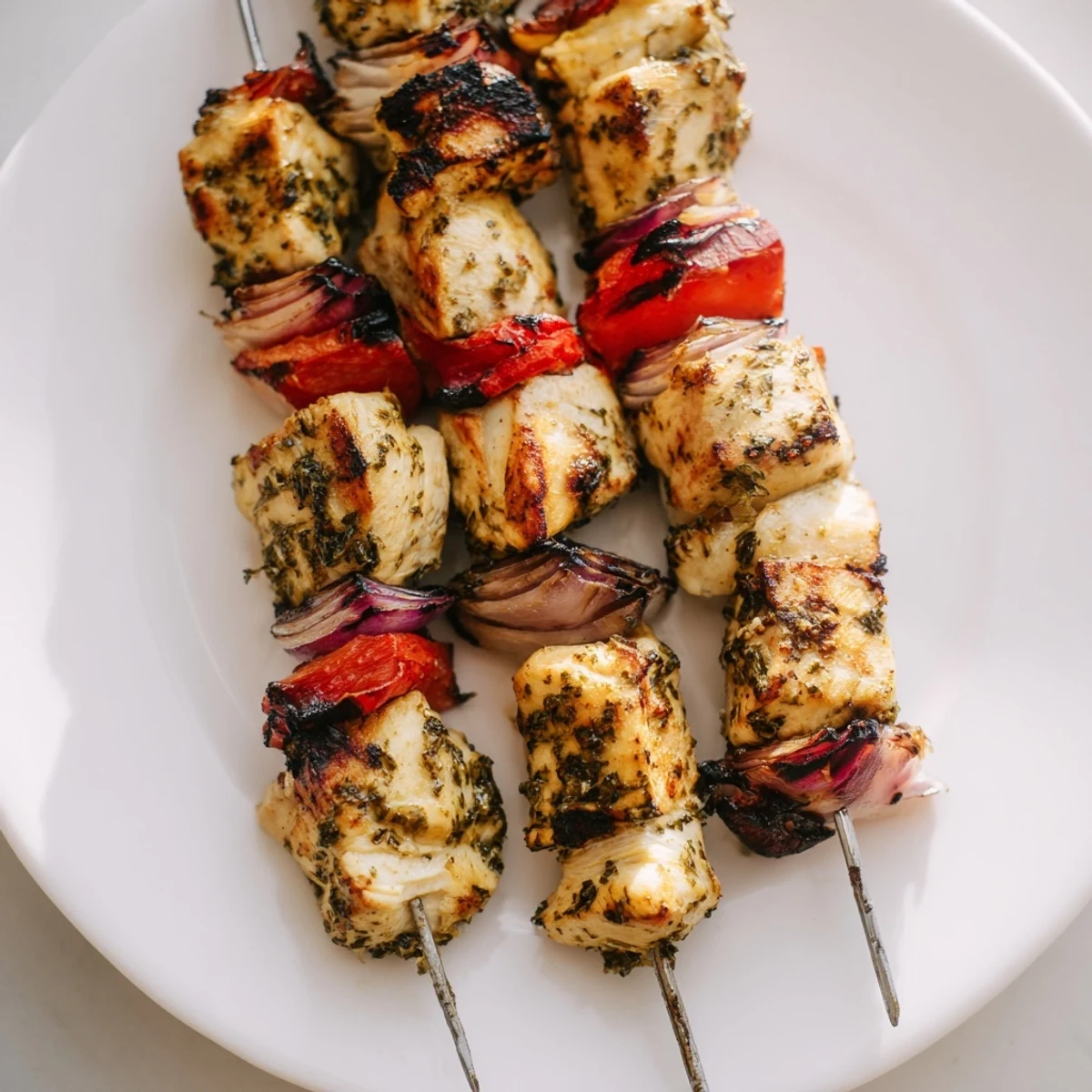 Juicy Greek lemon chicken skewers on a white plate topped with herbs and accompanied by refreshing tzatziki sauce