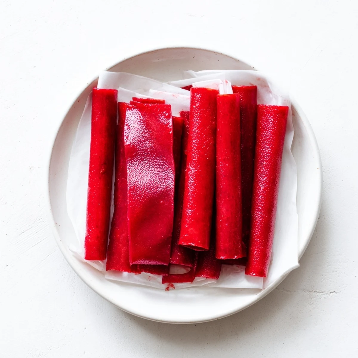 Chewy strawberry fruit roll ups rolled into portable snacks with vibrant red color