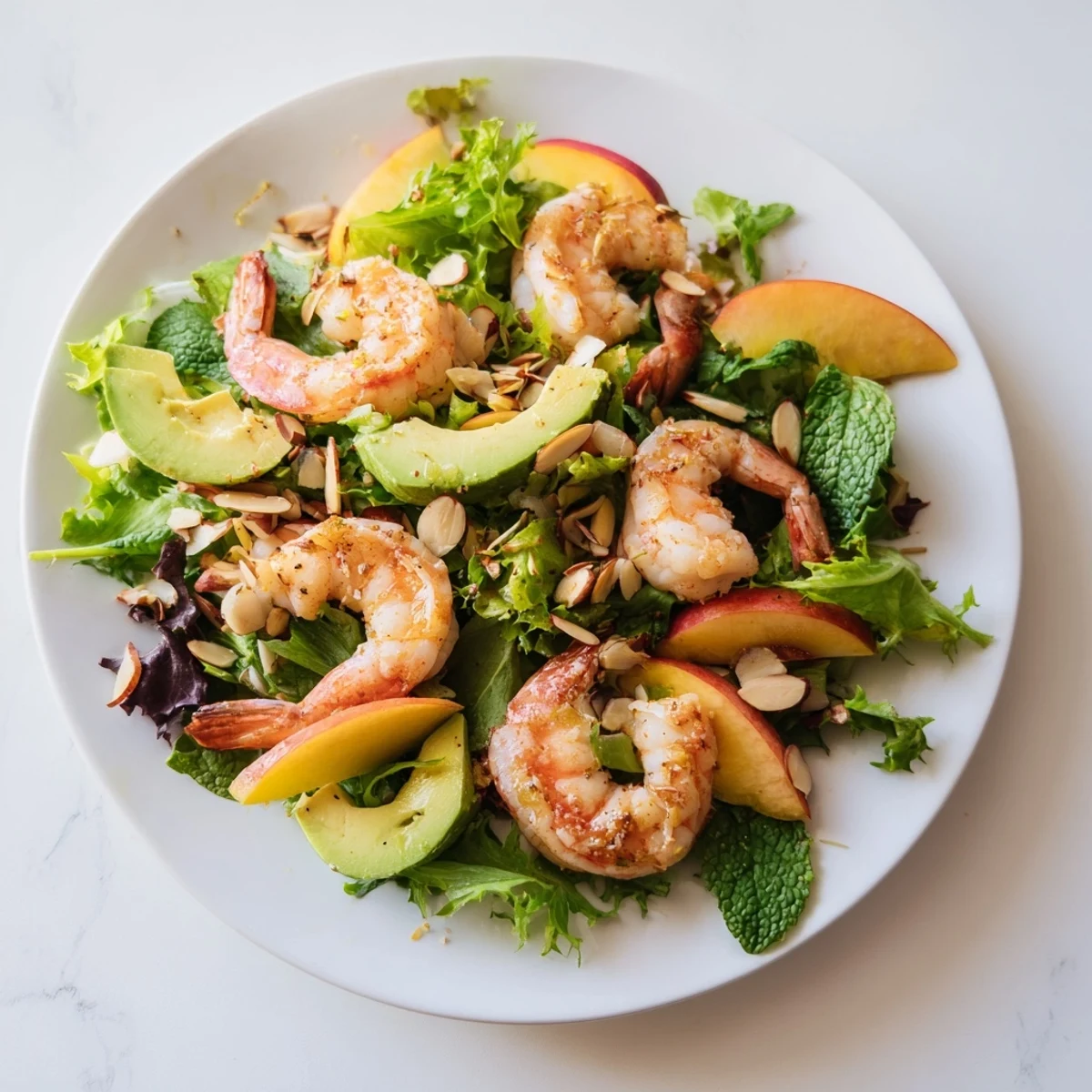 Fresh shrimp and nectarine salad bowl with mixed greens and zesty lime dressing