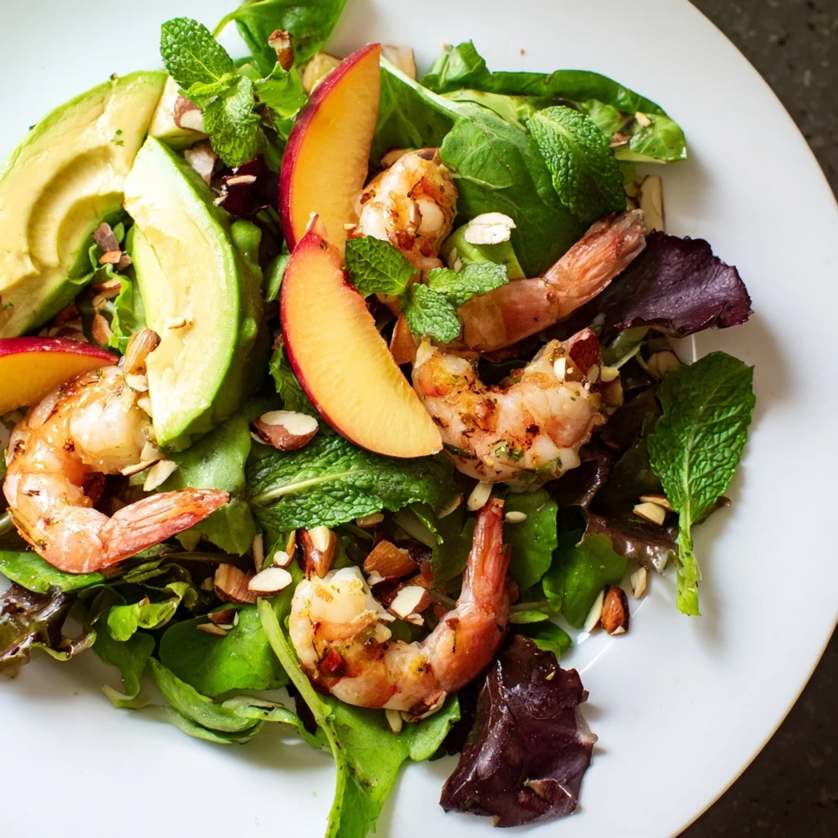 Grilled shrimp atop vibrant summer salad featuring ripe nectarines avocado and crispy vegetables