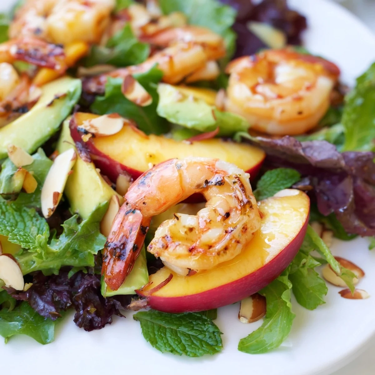 Colorful shrimp and nectarine salad plated with mint almonds and citrus honey dressing