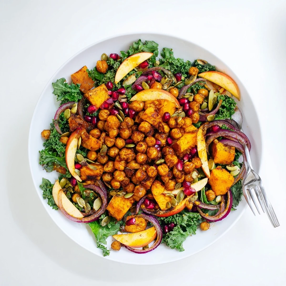 Colorful roasted chickpea fall salad with butternut squash, apple, and tangy maple-Dijon dressing arranged in a shallow white bowl