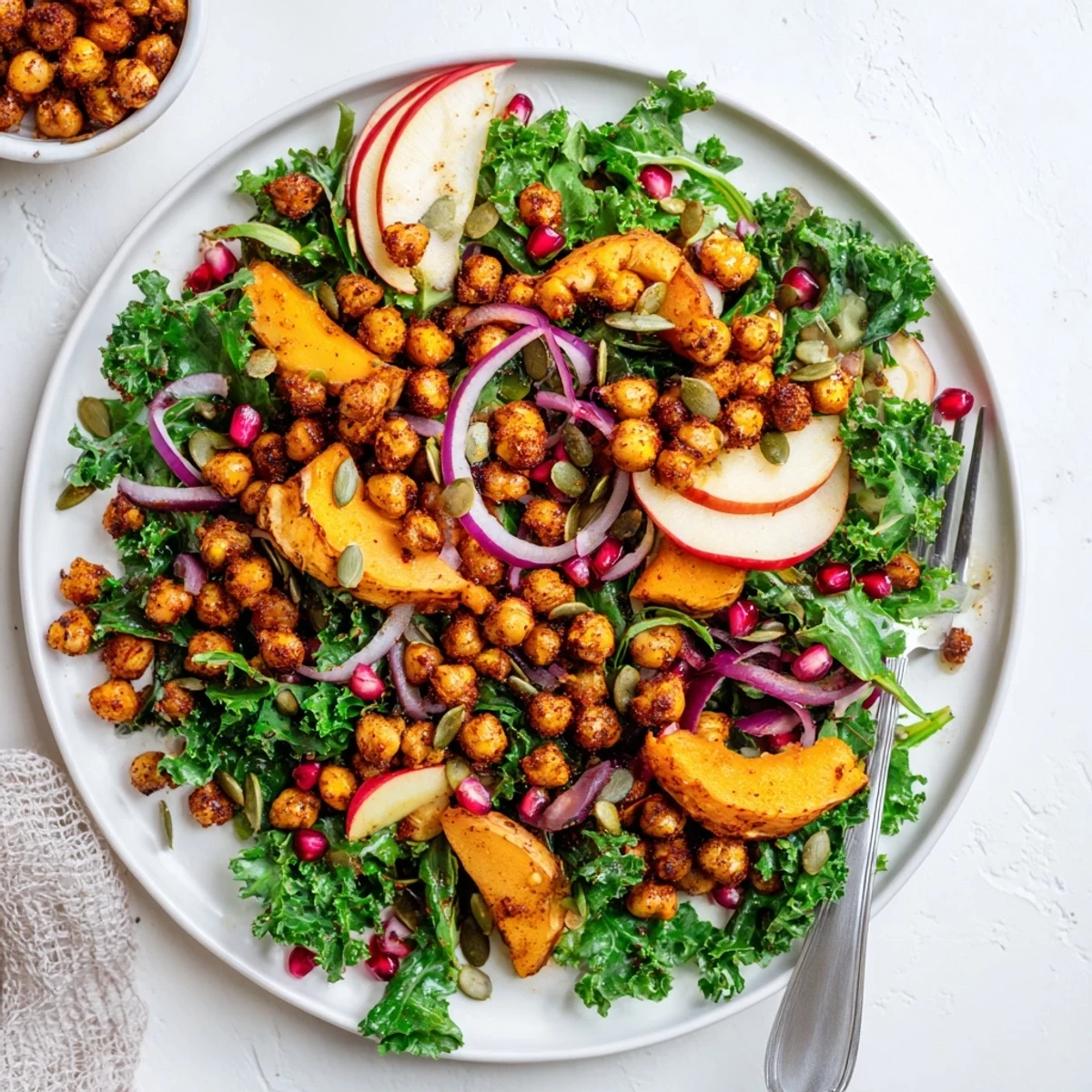 Golden crispy chickpeas scattered over vibrant autumn greens featuring roasted squash, pomegranate seeds, and pumpkin seed garnish