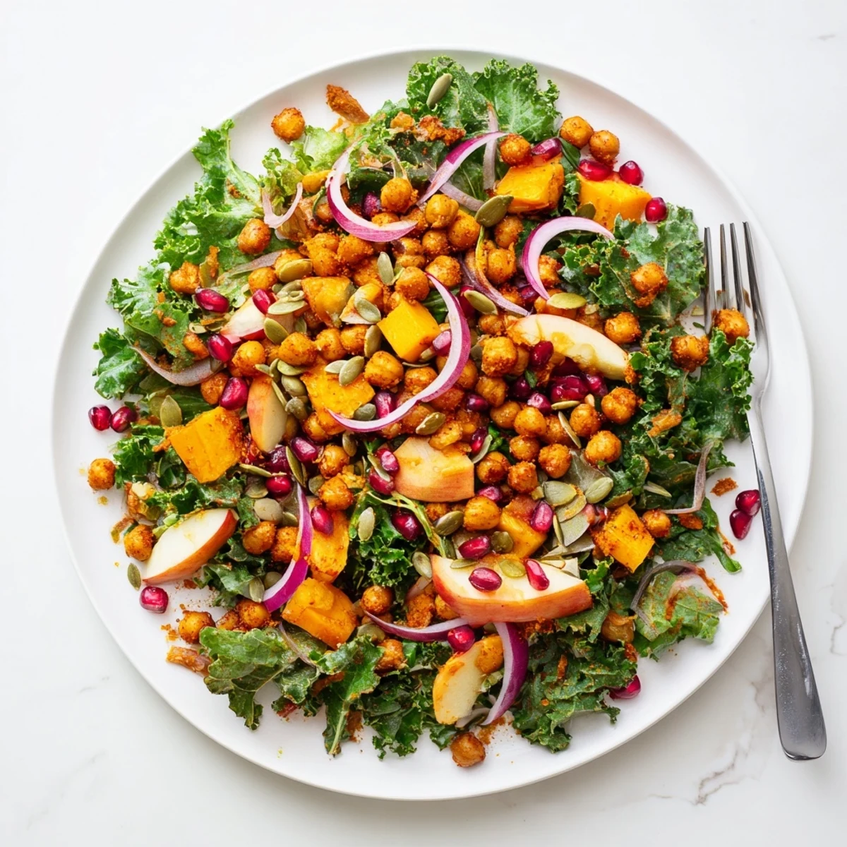 Hearty roasted chickpea fall salad showcasing seasonal produce with maple-Dijon drizzle on a rustic wooden table