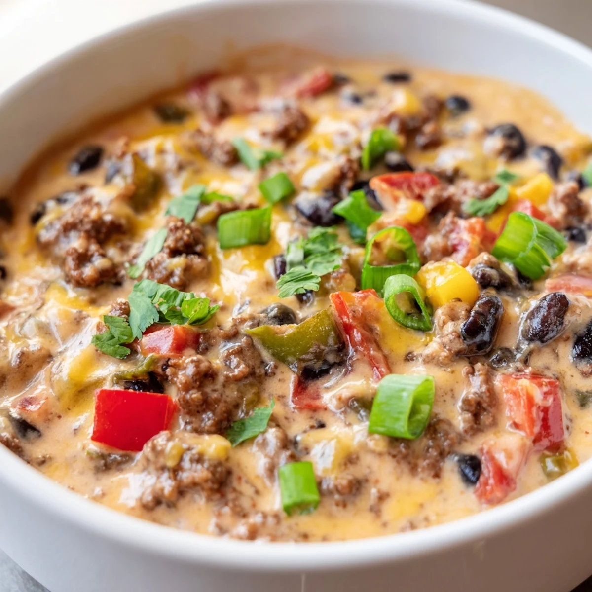 Creamy Spicy Cowboy Queso Dip loaded with chorizo, beans, and peppers bubbling in a skillet