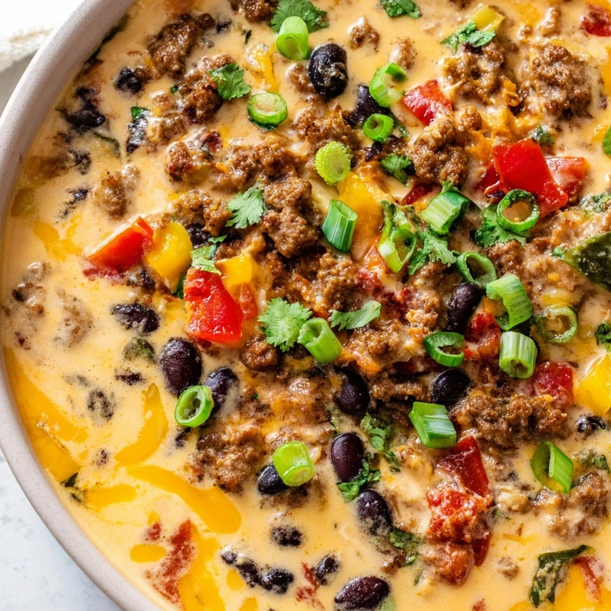 Golden melted Spicy Cowboy Queso Dip topped with fresh cilantro and served with crispy tortilla chips