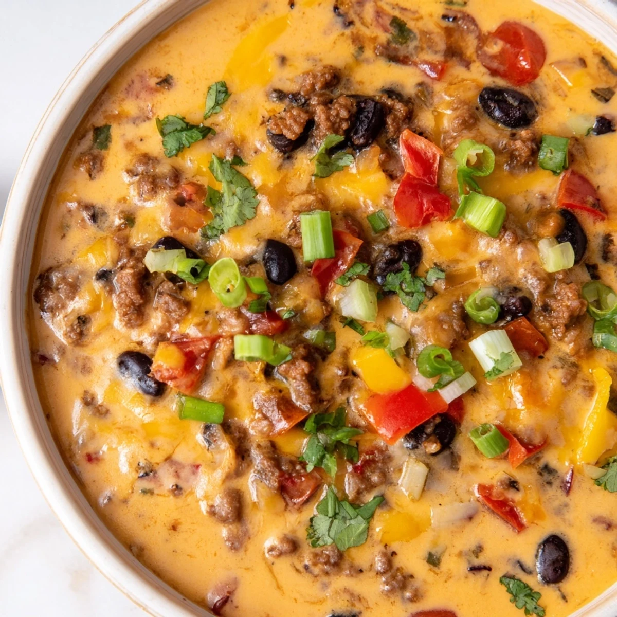 Rich Spicy Cowboy Queso Dip featuring spicy sausage, black beans, and melted cheese blend in a slow cooker