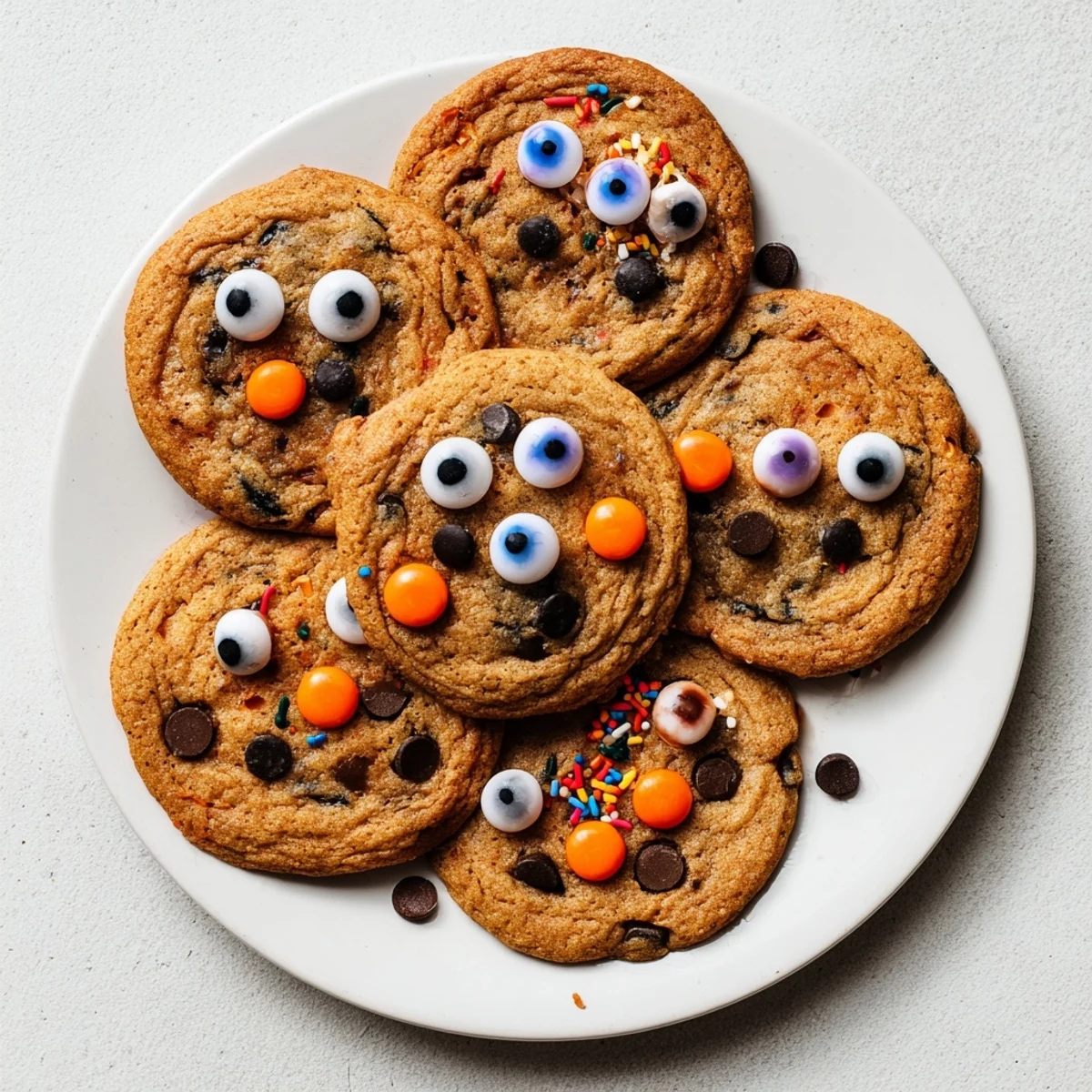 Spooky chocolate orange cookies decorated with candy eyeballs and colorful sprinkles for Halloween
